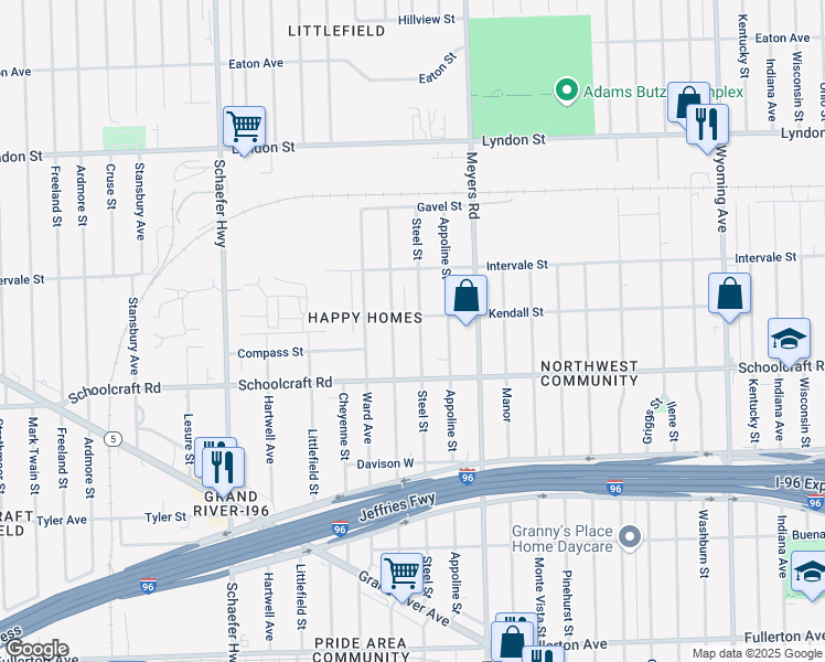 map of restaurants, bars, coffee shops, grocery stores, and more near 14100 Sorrento Avenue in Detroit