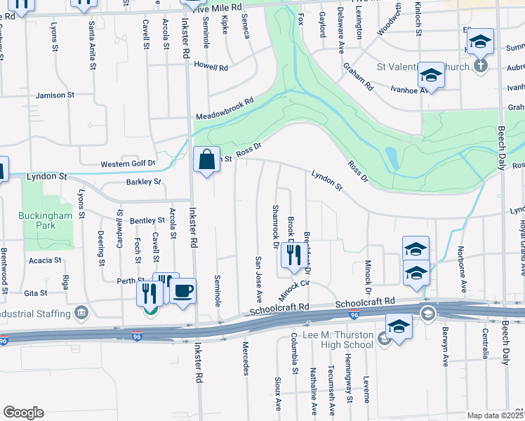 map of restaurants, bars, coffee shops, grocery stores, and more near 14314 San Jose Avenue in Redford Charter Township