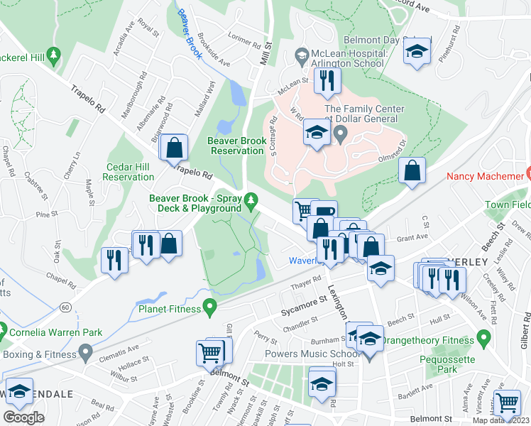 map of restaurants, bars, coffee shops, grocery stores, and more near 624 Trapelo Road in Belmont