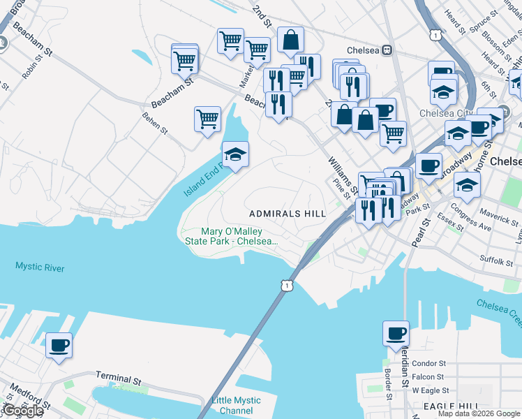 map of restaurants, bars, coffee shops, grocery stores, and more near 50 Boatswains Way in Chelsea