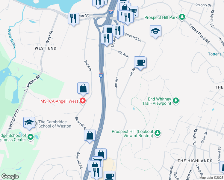map of restaurants, bars, coffee shops, grocery stores, and more near 230 3rd Avenue in Waltham