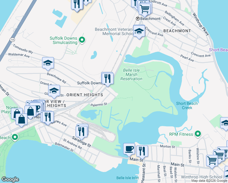 map of restaurants, bars, coffee shops, grocery stores, and more near 1233 Bennington Street in Boston