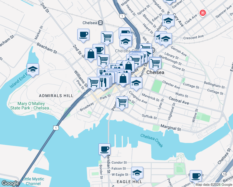 map of restaurants, bars, coffee shops, grocery stores, and more near 177 Winnisimmet Street in Chelsea