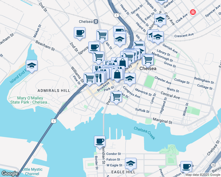 map of restaurants, bars, coffee shops, grocery stores, and more near 177 Winnisimmet Street in Chelsea