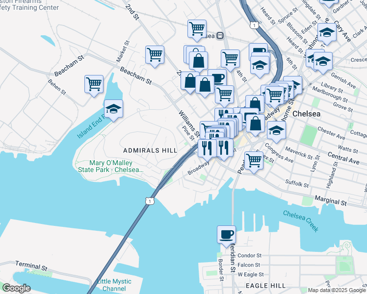 map of restaurants, bars, coffee shops, grocery stores, and more near 95 Beacon Street in Chelsea