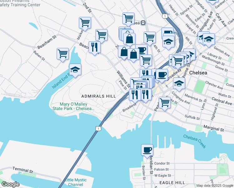 map of restaurants, bars, coffee shops, grocery stores, and more near 150 Captains Row in Chelsea