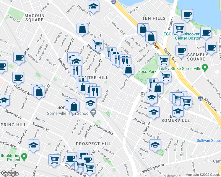 map of restaurants, bars, coffee shops, grocery stores, and more near 60B Marshall Street in Somerville