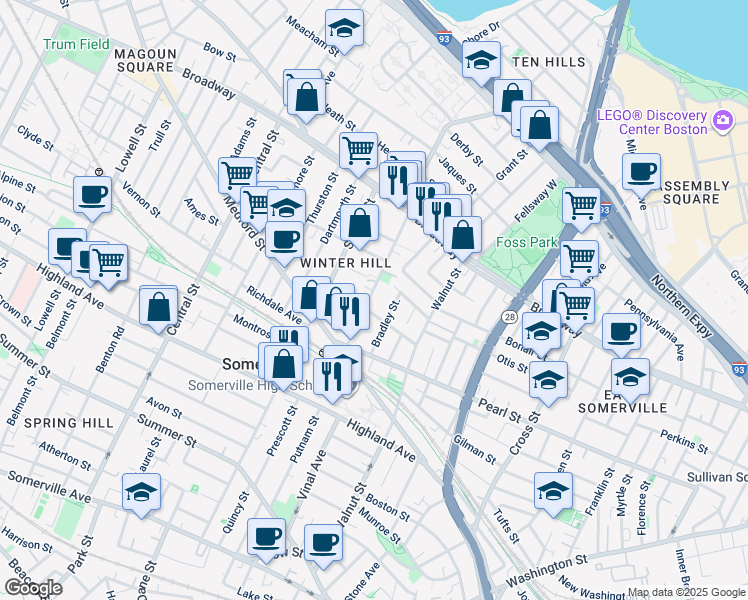 map of restaurants, bars, coffee shops, grocery stores, and more near 60B Marshall Street in Somerville