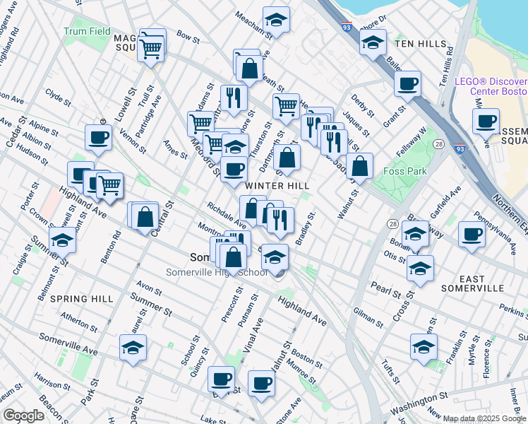map of restaurants, bars, coffee shops, grocery stores, and more near 192 School Street in Somerville