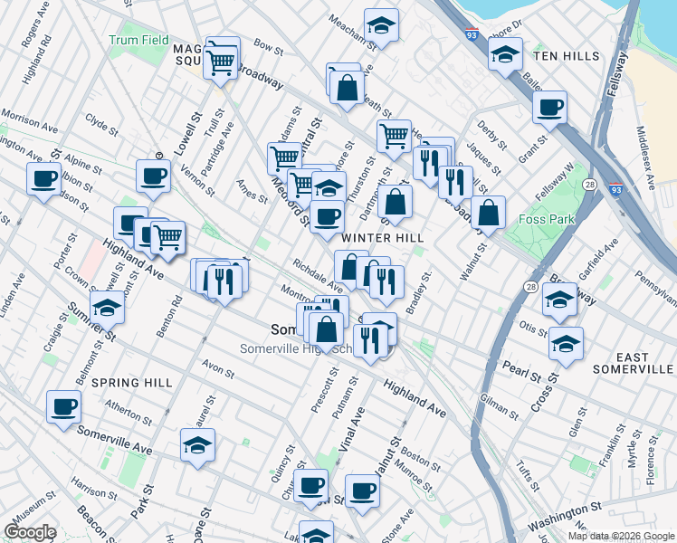 map of restaurants, bars, coffee shops, grocery stores, and more near 9 Thurston Street in Somerville