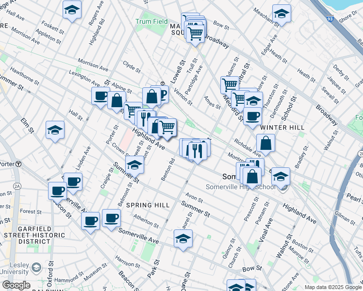 map of restaurants, bars, coffee shops, grocery stores, and more near 31 Hudson Street in Somerville