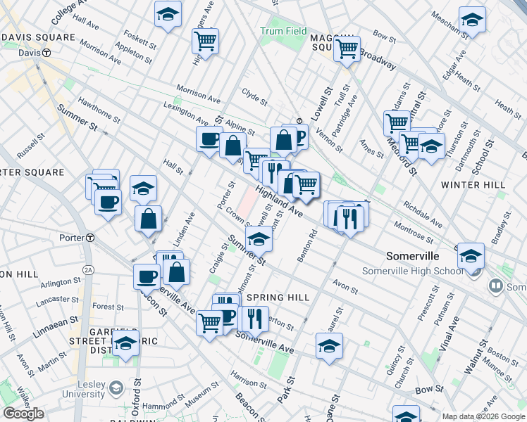 map of restaurants, bars, coffee shops, grocery stores, and more near 14 Tower Street in Somerville