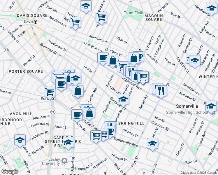 map of restaurants, bars, coffee shops, grocery stores, and more near 29 Crocker Street in Somerville