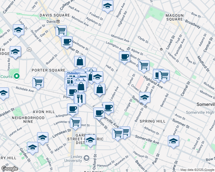 map of restaurants, bars, coffee shops, grocery stores, and more near 21 Ashland Street in Somerville