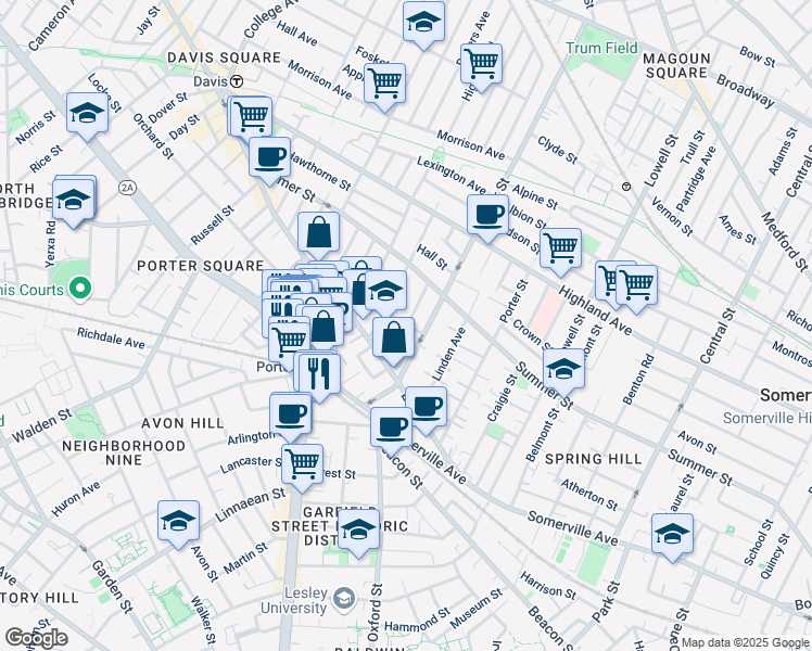 map of restaurants, bars, coffee shops, grocery stores, and more near 21 Ashland Street in Somerville