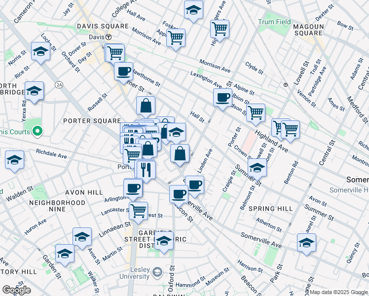 map of restaurants, bars, coffee shops, grocery stores, and more near 21 Ashland Street in Somerville
