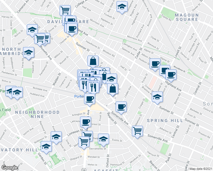 map of restaurants, bars, coffee shops, grocery stores, and more near 14 Cherry Street in Somerville