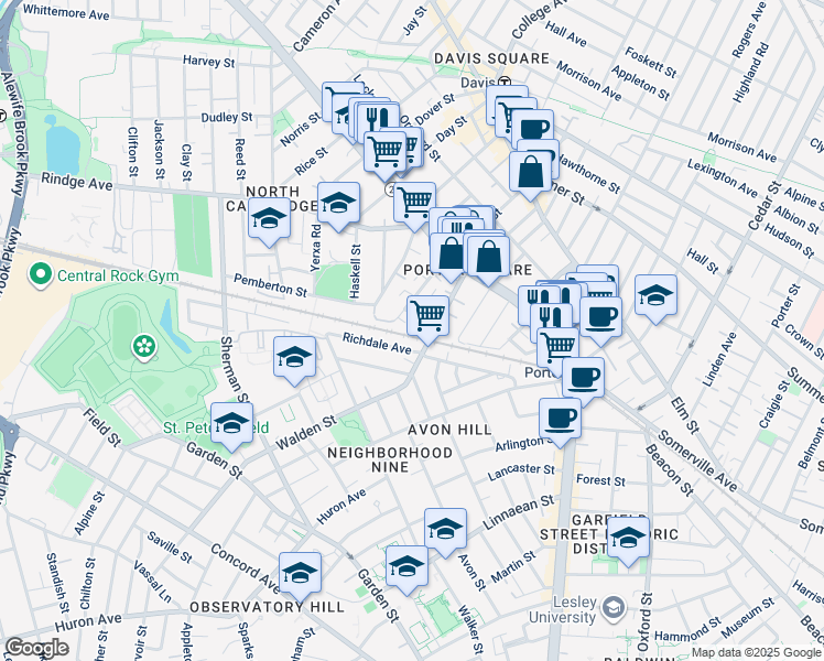 map of restaurants, bars, coffee shops, grocery stores, and more near 26 Mead Street in Cambridge