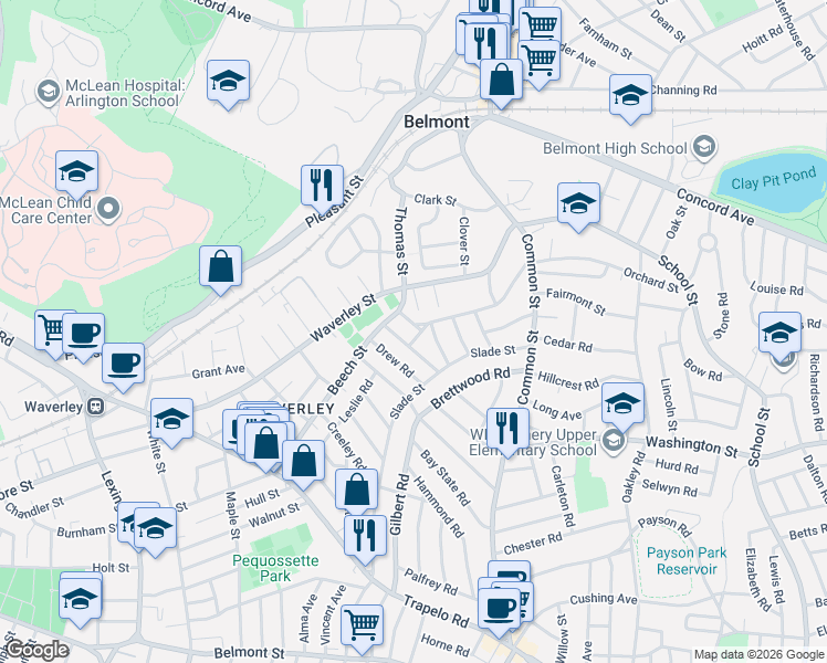 map of restaurants, bars, coffee shops, grocery stores, and more near 273 Orchard Street in Belmont