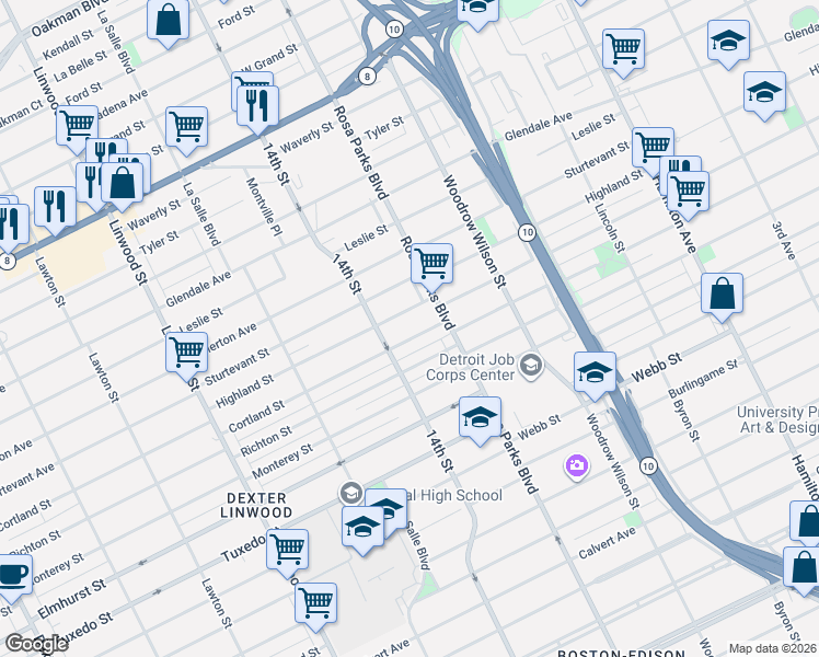 map of restaurants, bars, coffee shops, grocery stores, and more near 1971 Highland Street in Detroit