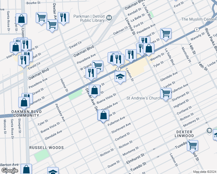 map of restaurants, bars, coffee shops, grocery stores, and more near 3223 Waverly Street in Detroit