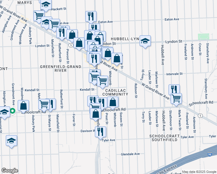 map of restaurants, bars, coffee shops, grocery stores, and more near 14124 Whitcomb in Detroit