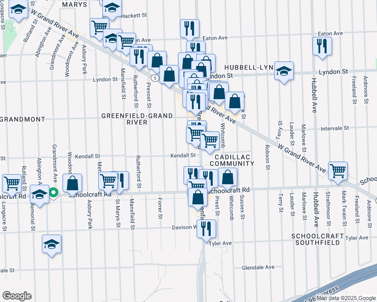 map of restaurants, bars, coffee shops, grocery stores, and more near 14142 Winthrop Street in Detroit