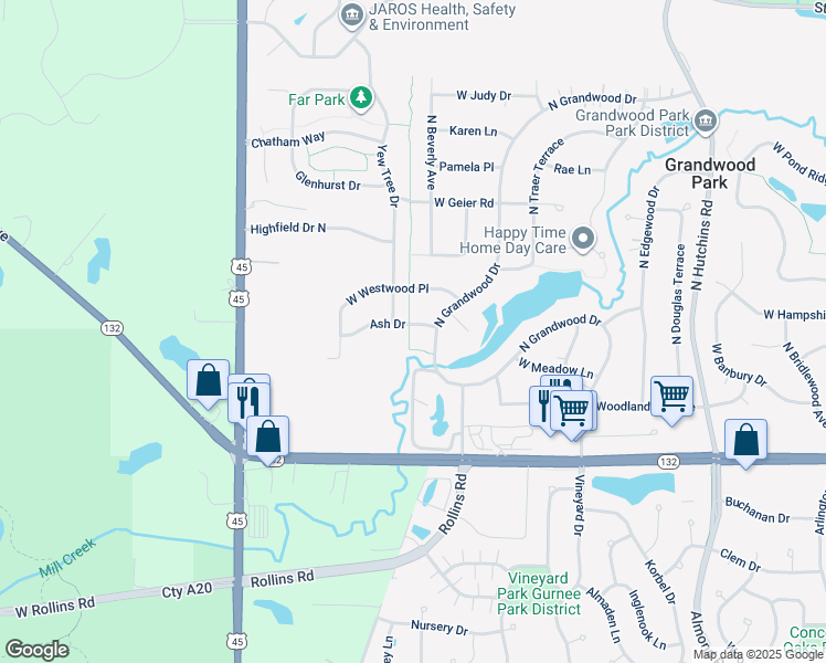map of restaurants, bars, coffee shops, grocery stores, and more near 18706 Ash Drive in Gurnee