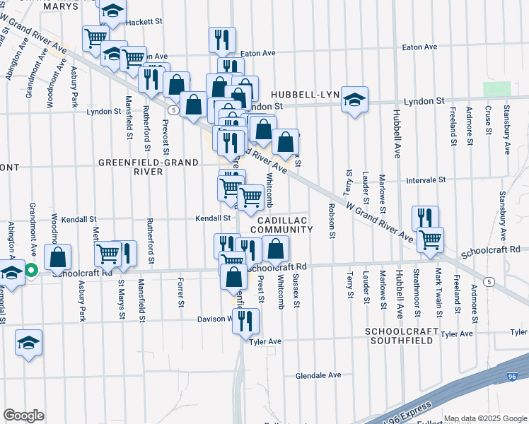 map of restaurants, bars, coffee shops, grocery stores, and more near 14124 Whitcomb in Detroit