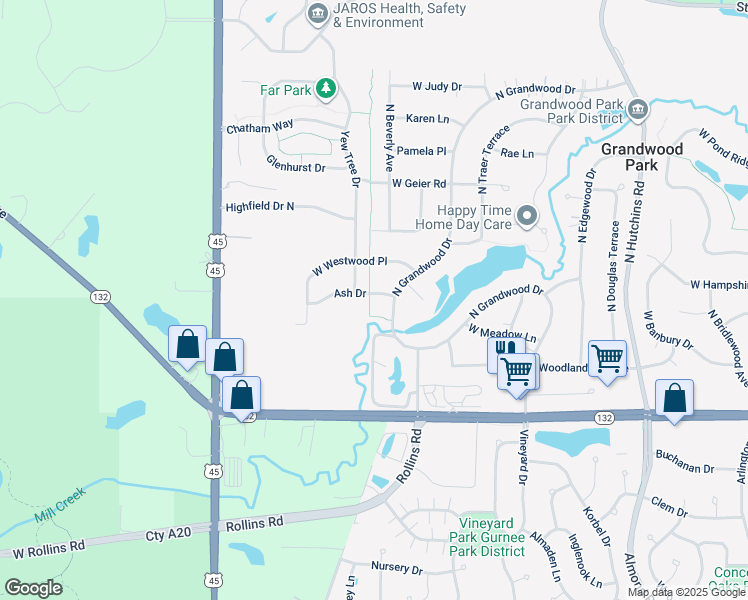 map of restaurants, bars, coffee shops, grocery stores, and more near 18706 Ash Drive in Gurnee