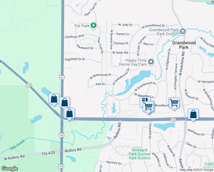 map of restaurants, bars, coffee shops, grocery stores, and more near 18705 Ash Drive in Gurnee