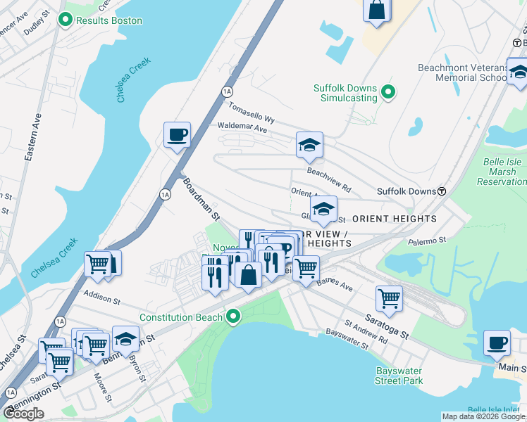 map of restaurants, bars, coffee shops, grocery stores, and more near 199 Gladstone Street in Boston