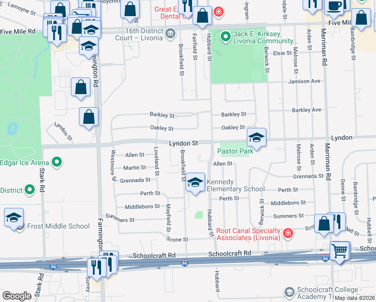 map of restaurants, bars, coffee shops, grocery stores, and more near 32655 Lyndon in Livonia