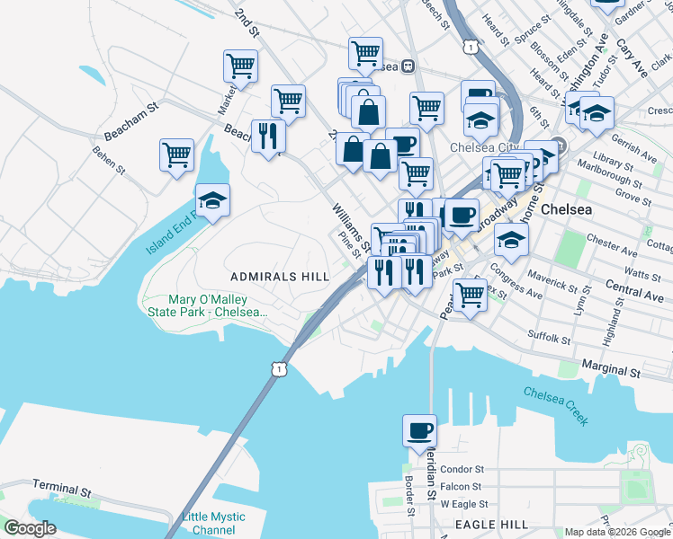 map of restaurants, bars, coffee shops, grocery stores, and more near 150 Captains Row in Chelsea