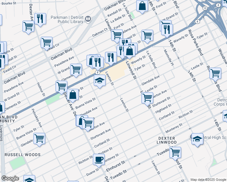 map of restaurants, bars, coffee shops, grocery stores, and more near 2909 Buena Vista Street in Detroit