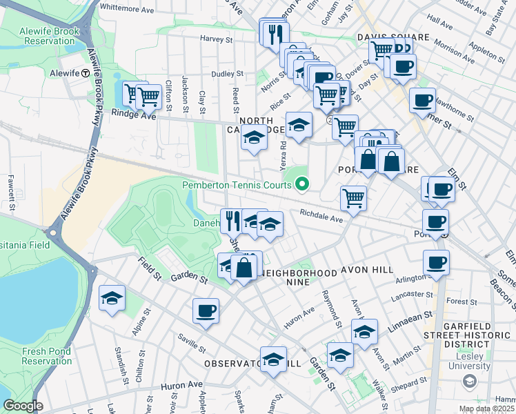 map of restaurants, bars, coffee shops, grocery stores, and more near Walden Square Road in Cambridge