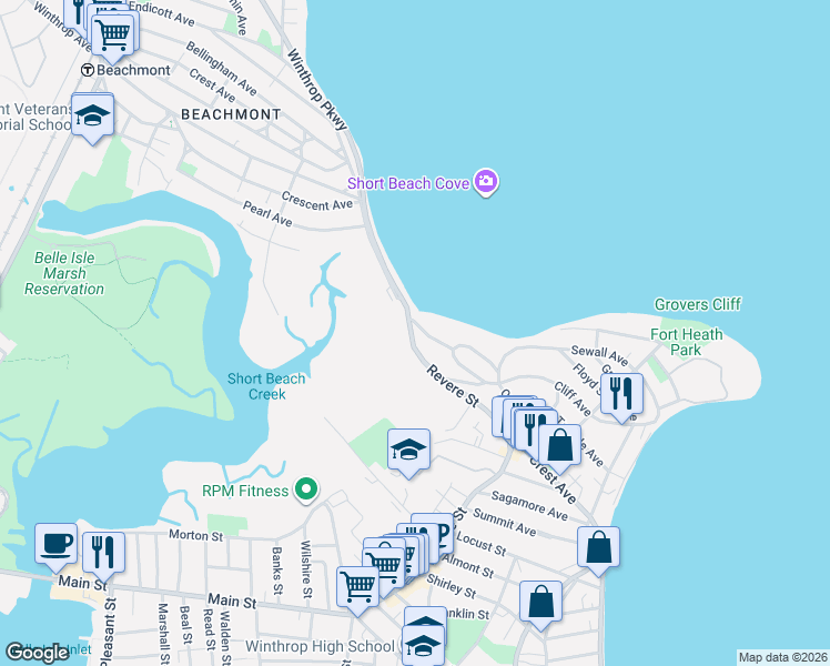 map of restaurants, bars, coffee shops, grocery stores, and more near 123 Upland Road in Winthrop