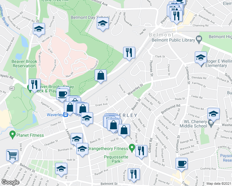 map of restaurants, bars, coffee shops, grocery stores, and more near 14 Pearl Street in Belmont