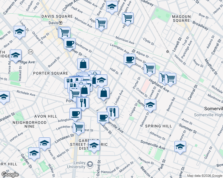 map of restaurants, bars, coffee shops, grocery stores, and more near 21 Ashland Street in Somerville