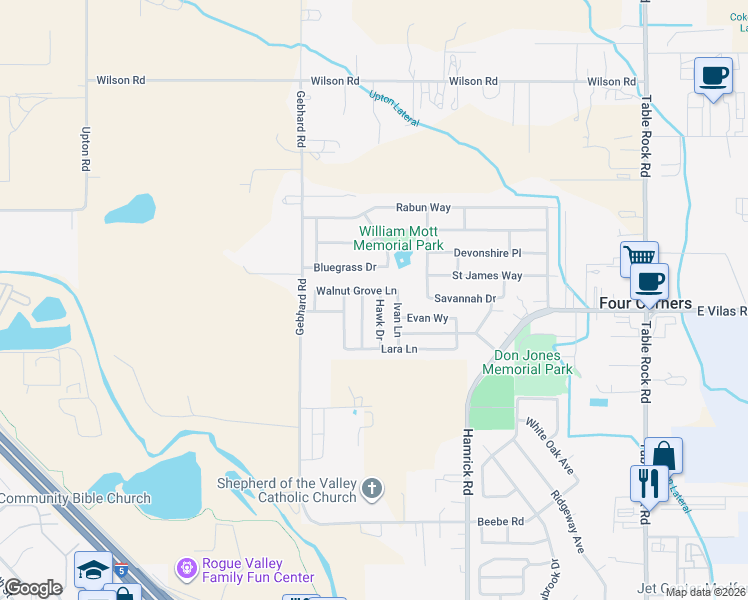 map of restaurants, bars, coffee shops, grocery stores, and more near 1340 Hawk Drive in Central Point