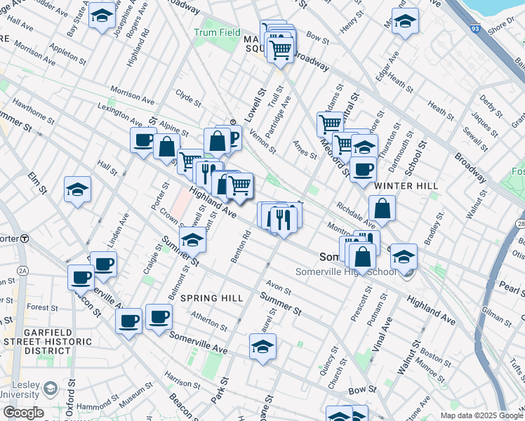 map of restaurants, bars, coffee shops, grocery stores, and more near 85 Benton Road in Somerville