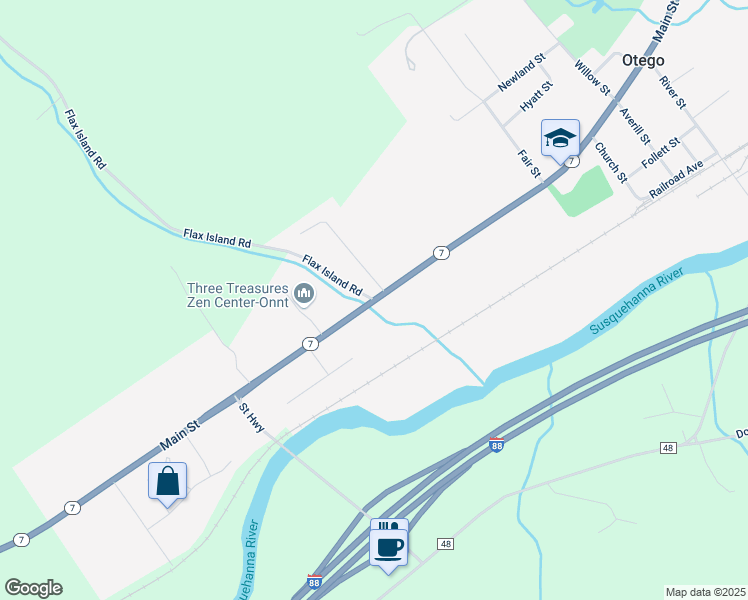 map of restaurants, bars, coffee shops, grocery stores, and more near New York 7 & Flax Island Road in Otego