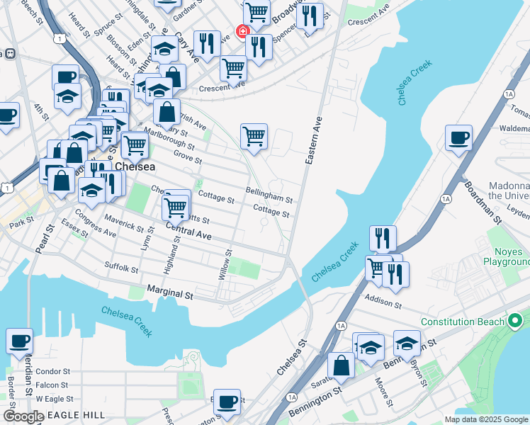 map of restaurants, bars, coffee shops, grocery stores, and more near 170 Cottage Street in Chelsea