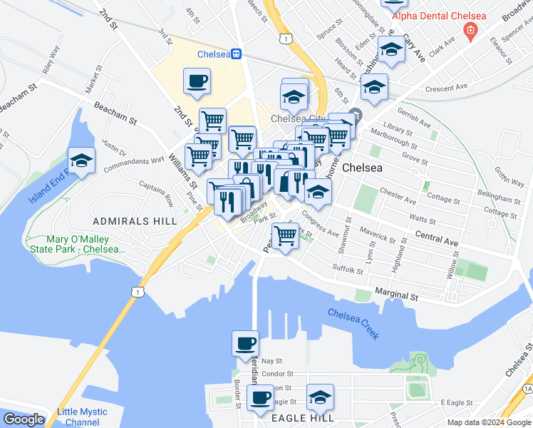 map of restaurants, bars, coffee shops, grocery stores, and more near 177 Winnisimmet Street in Chelsea