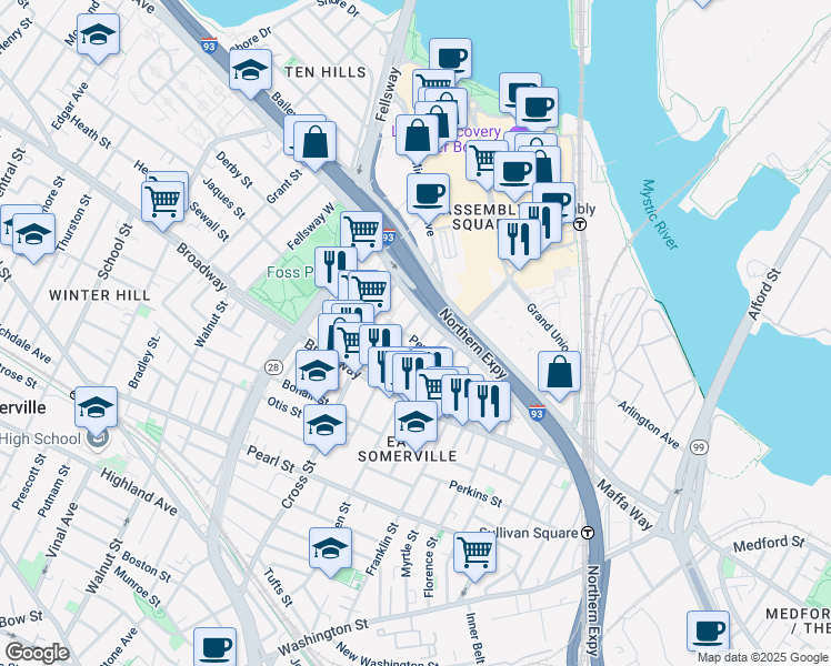map of restaurants, bars, coffee shops, grocery stores, and more near 11 Connecticut Avenue in Somerville