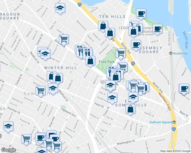 map of restaurants, bars, coffee shops, grocery stores, and more near 1 Melvin Street in Somerville