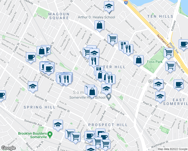 map of restaurants, bars, coffee shops, grocery stores, and more near 9 Thurston Street in Somerville
