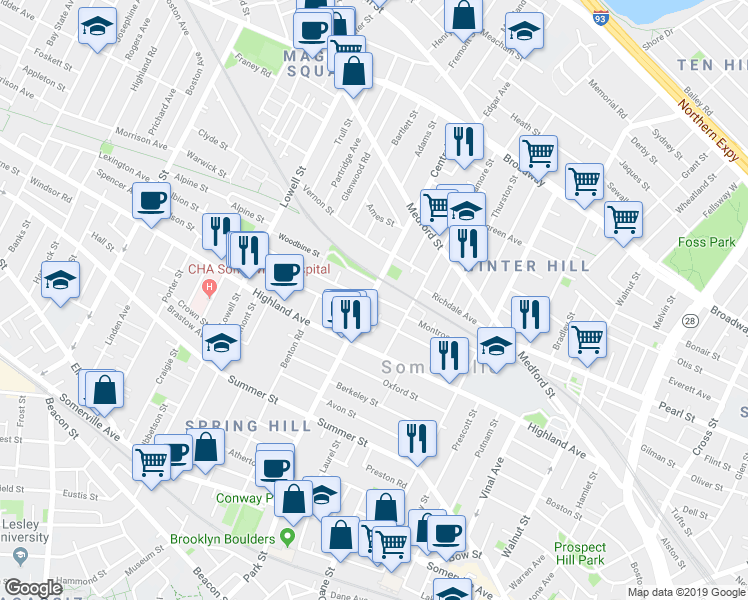 map of restaurants, bars, coffee shops, grocery stores, and more near 7 Albion Street in Somerville