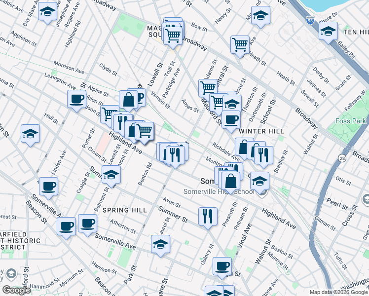 map of restaurants, bars, coffee shops, grocery stores, and more near 7 Albion Street in Somerville