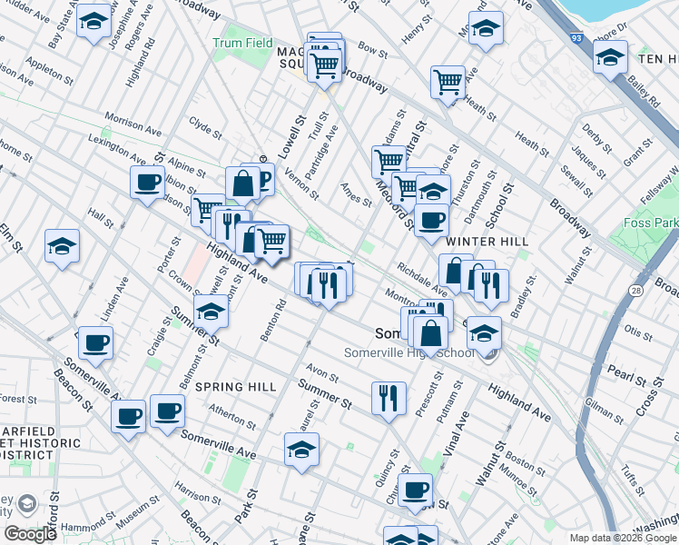 map of restaurants, bars, coffee shops, grocery stores, and more near 7 Albion Street in Somerville